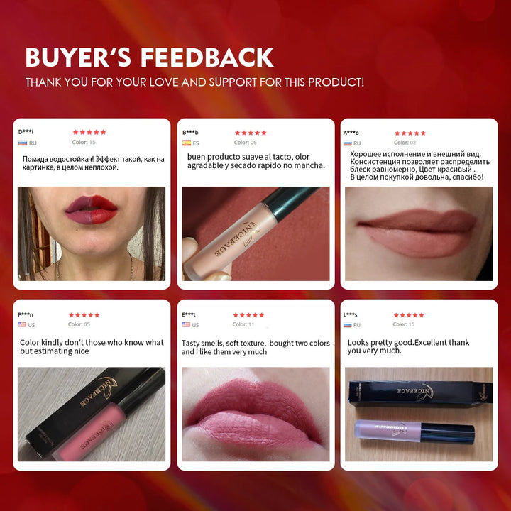 NICEFACE Matte Velvet Lip Glaze Waterproof Long Lasting Not Easy To Fade Lip Gloss Silky Smooth Sexy Lipstick Women Maquillage