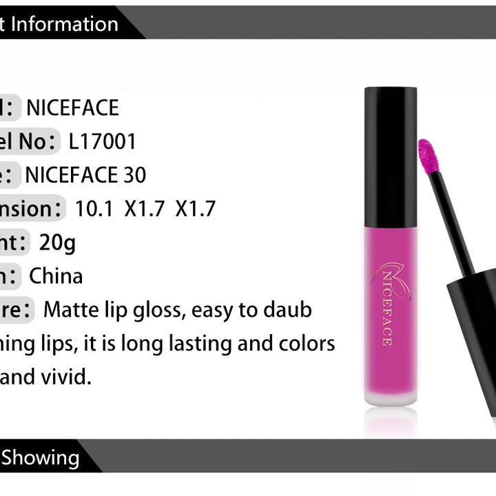 NICEFACE Matte Velvet Lip Glaze Waterproof Long Lasting Not Easy To Fade Lip Gloss Silky Smooth Sexy Lipstick Women Maquillage